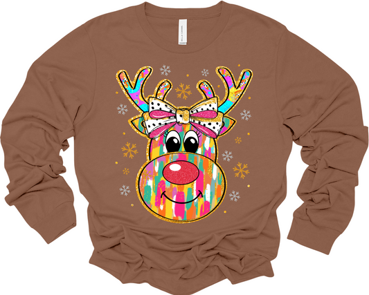 A brown long sleeve t-shirt with a colorful reindeer graphic.