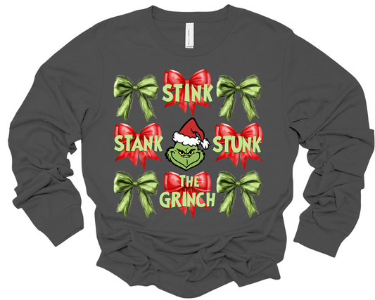Gray long sleeve t-shirt with 'STINK STANK STUNK' text and a green bow design, featuring a character resembling the Grinch.