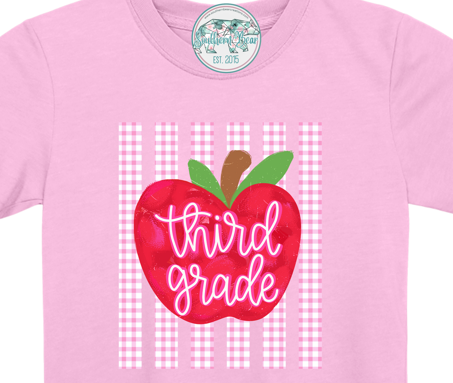 Pink gingham strip w/grade level apple