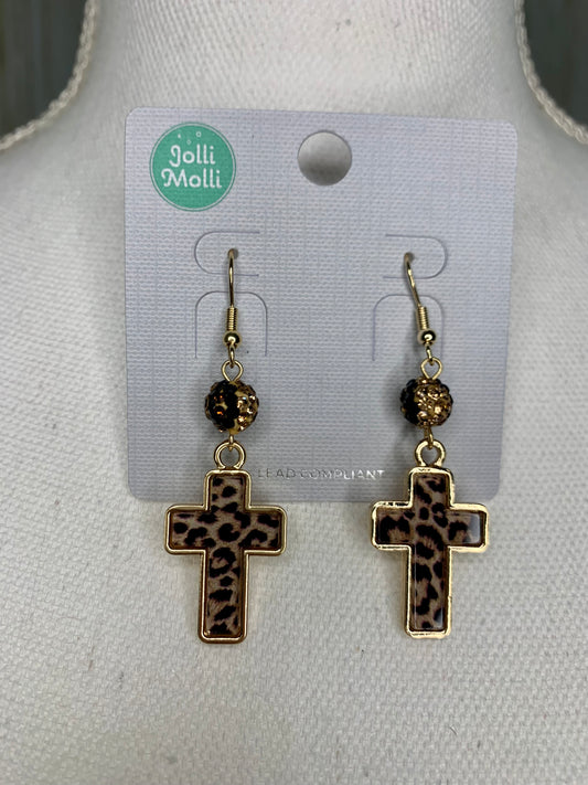 Leopard crystal ball & cross earrings