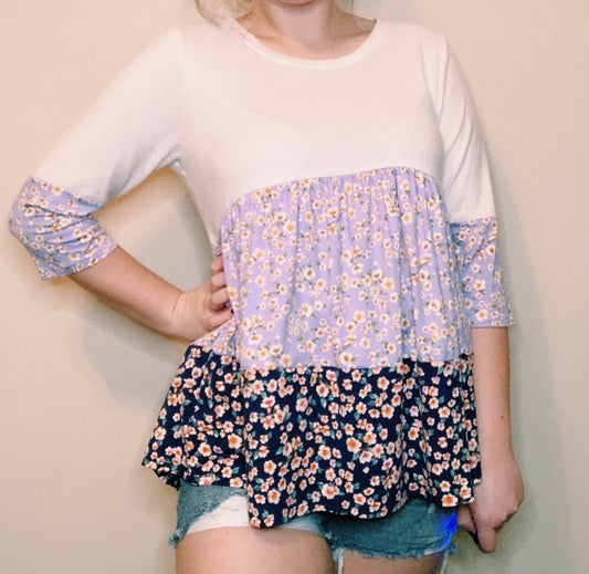 Lilac and navy floral tiered blouse