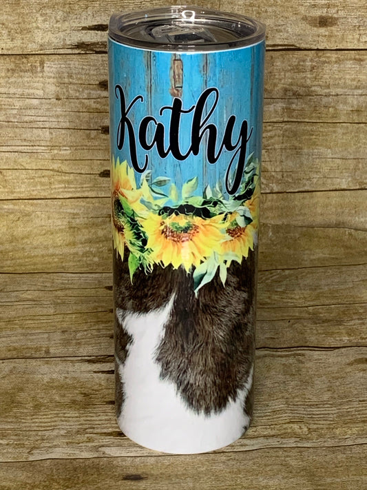 Skinny 20 oz. Sunflower, cow print, teal wood