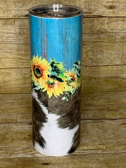 Skinny 20 oz. Sunflower, cow print, teal wood